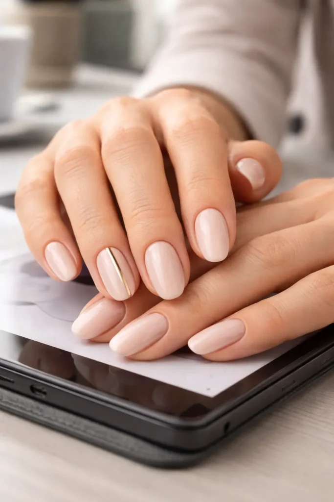 Soft pink manicure with a thin gold metallic stripe accent on the ring finger nail