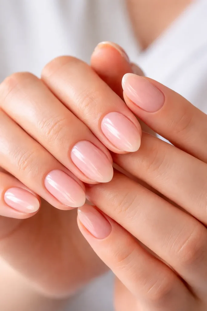 Short almond shaped nails with a clear glossy finish