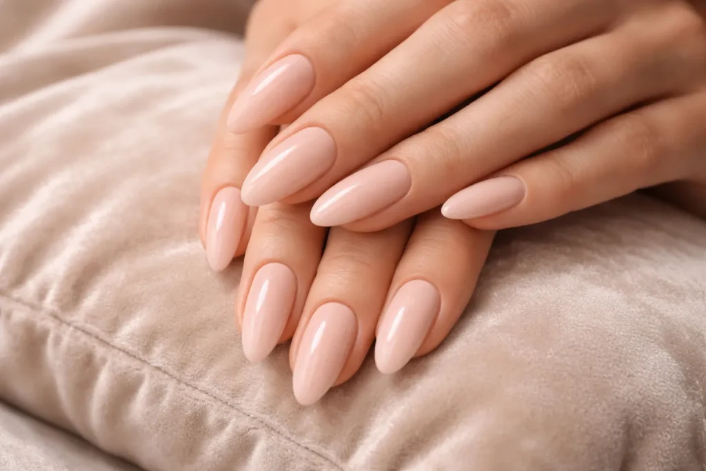 Elegant almond shaped nails with opaque nude polish