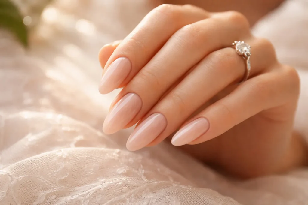 Soft nude almond shaped nails with a diamond engagement ring