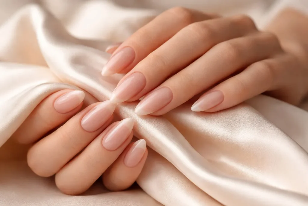 Elegant almond-shaped nails with a sheer nude polish on a woman's hand.