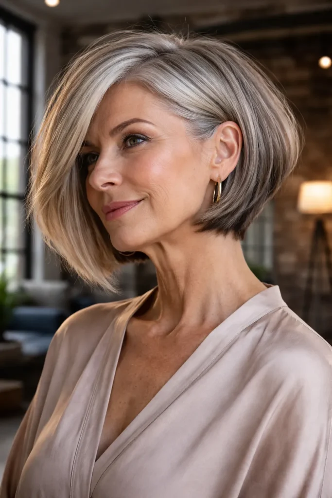 Modern asymmetrical bob haircut on a mature woman in an urban setting