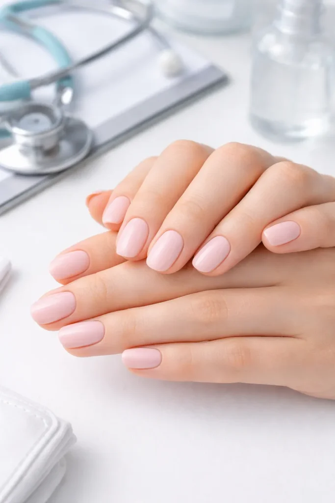 Overhead view of hands with soft baby pink polish on short nails