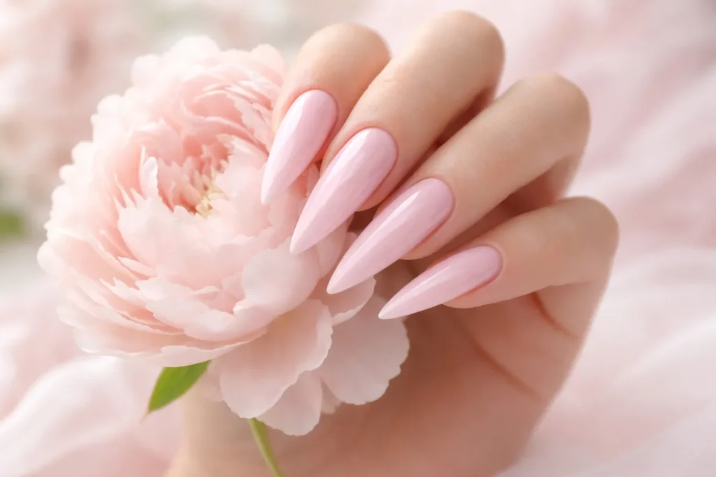 Soft baby pink stiletto nails held against a pink peony flower