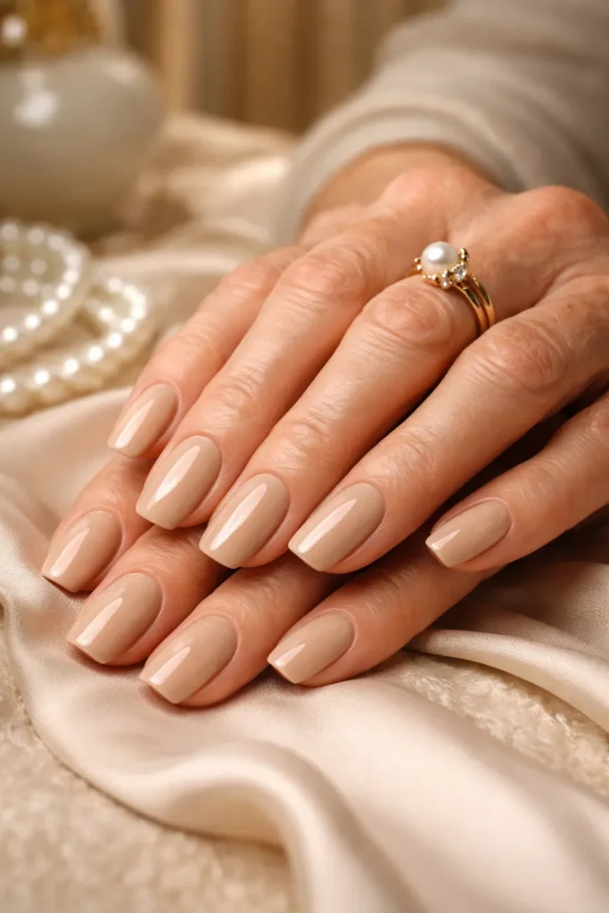 Classic beige nail polish on mature hands for a timeless look