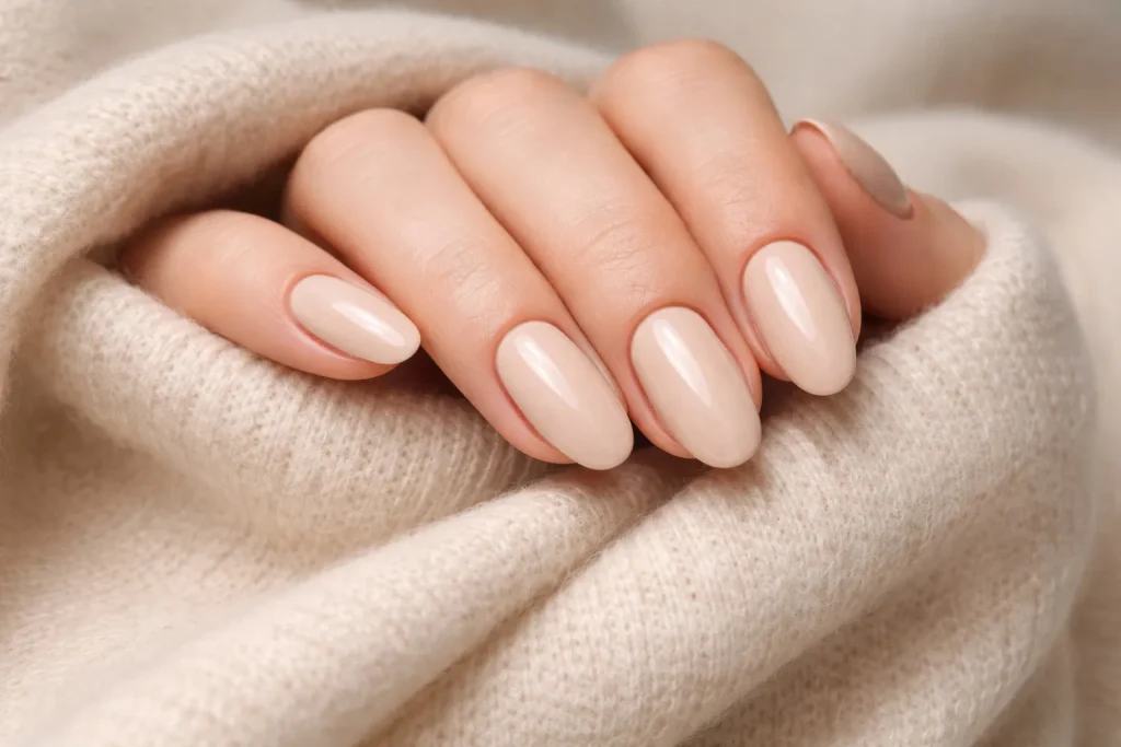 Elegant nude beige oval nails resting on a cream cashmere sweater.
