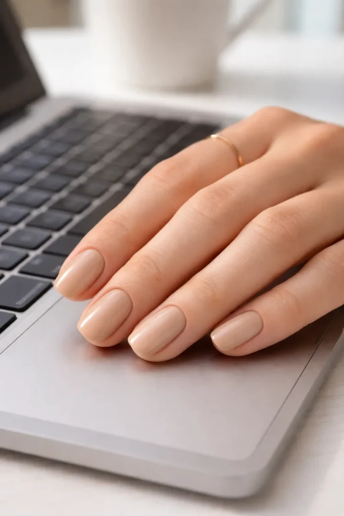 Classic neutral beige nails on a professional hand resting on a laptop