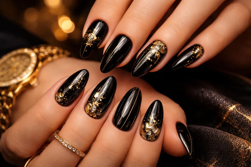 Jet black nails with delicate gold foil flake designs and gold jewelry.