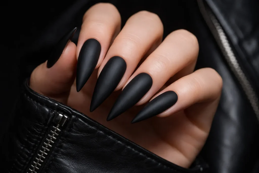Edgy matte black stiletto nails with sharp points and a velvety finish