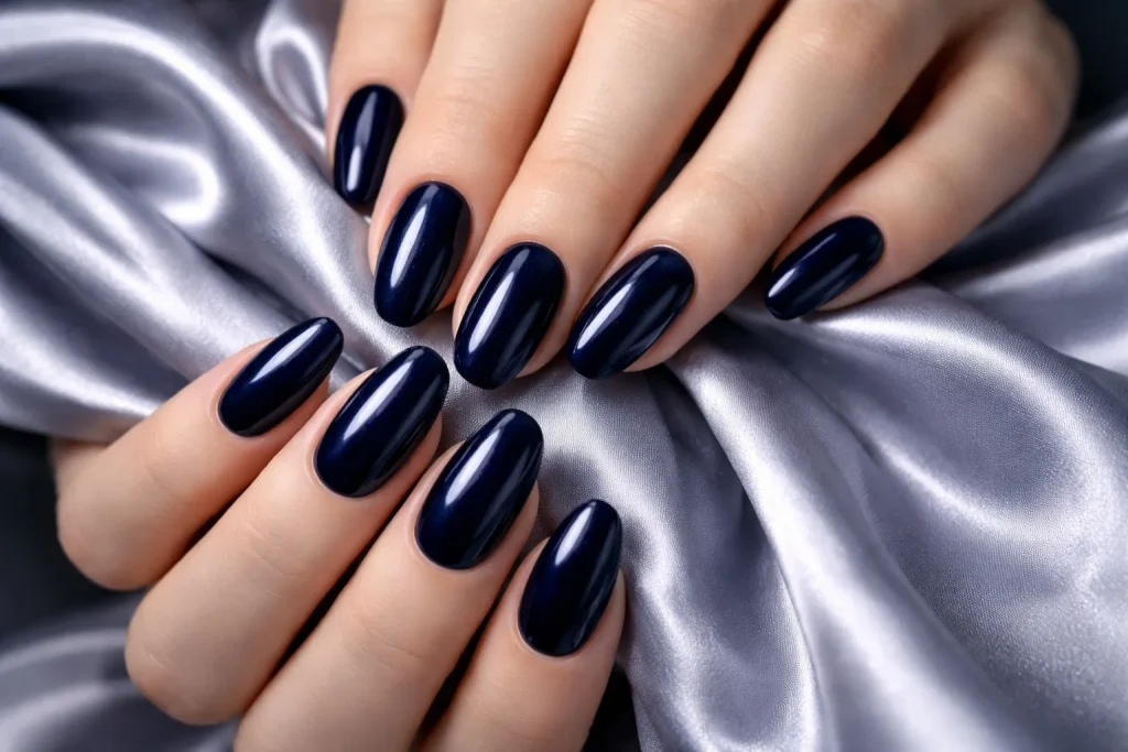 High gloss midnight blue nails resting on silver silk fabric.