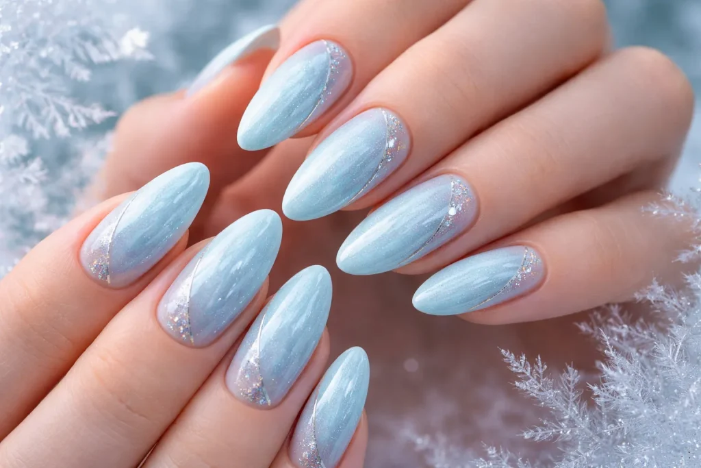 Shimmering icy blue nails with silver lines against frosted glass.