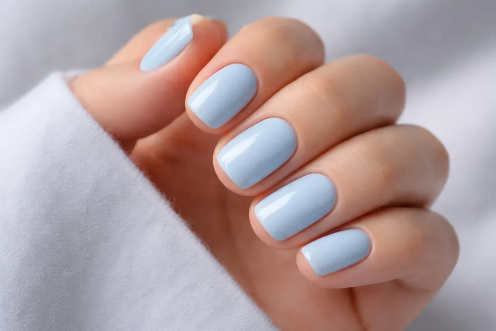 Glossy sky blue nail polish on short natural shaped nails for a clean look.