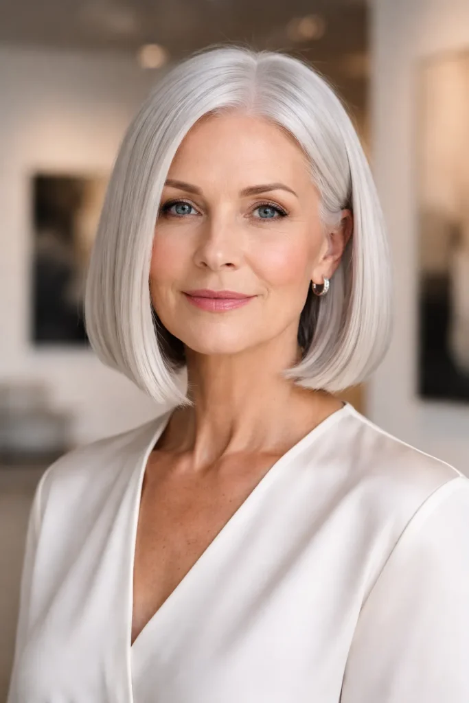 Mature woman with a sleek blunt cut bob and straight silver hair