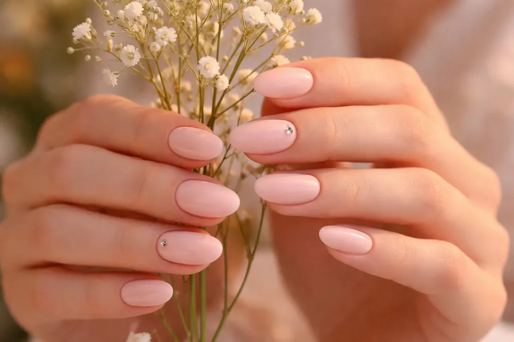 Feminine blush pink nails with a tiny rhinestone accent
