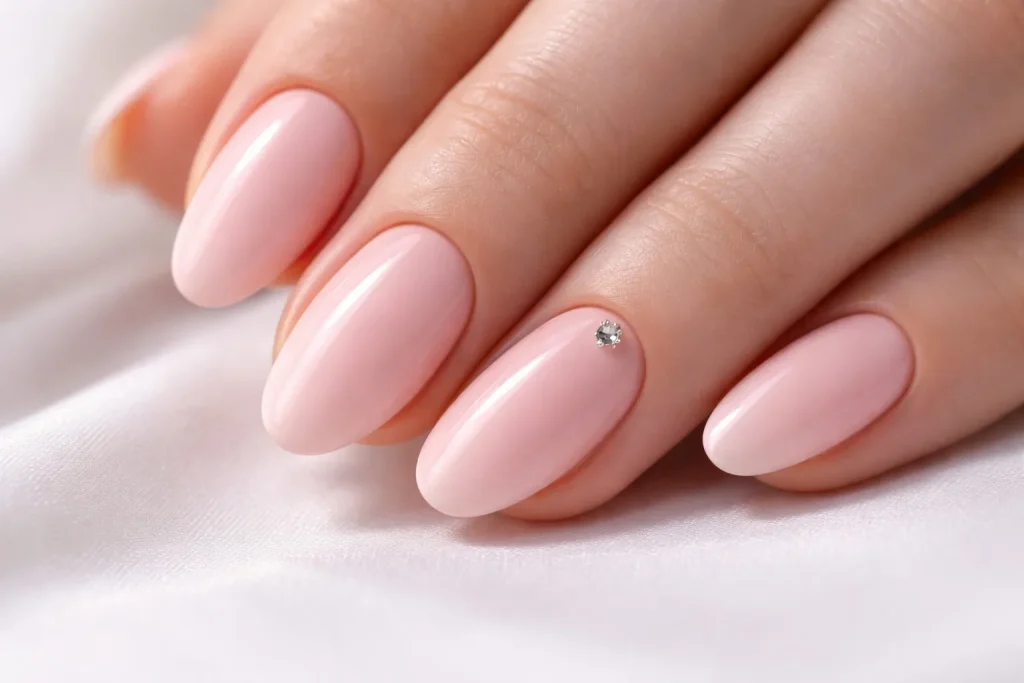 Blush pink manicure with a single tiny rhinestone detail on the ring finger.