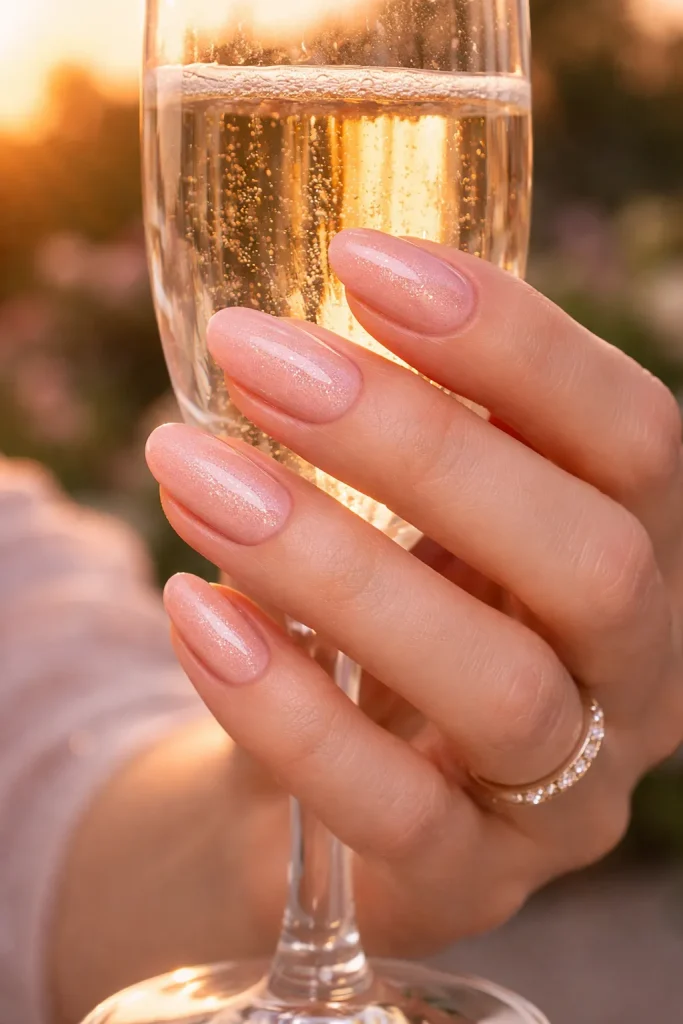 Blush pink nails with a subtle fine shimmer for a wedding reception