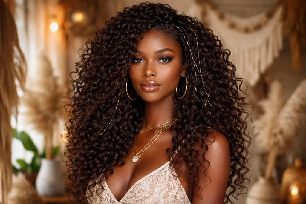 Bohemian curly crochet hair featuring loose curls and braids