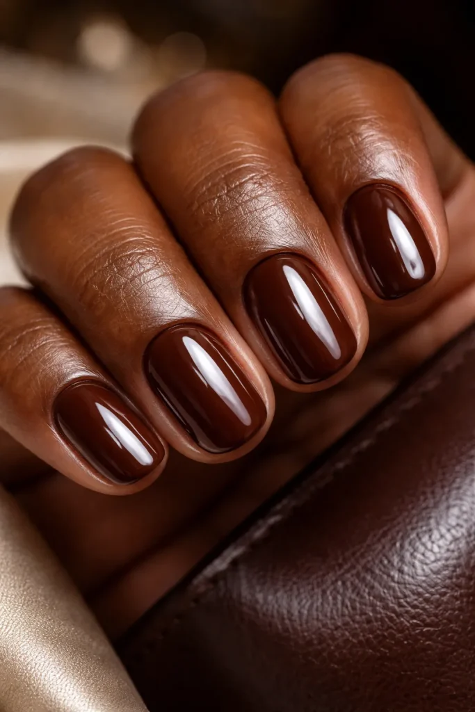 High gloss chocolate brown short nails on dark skin