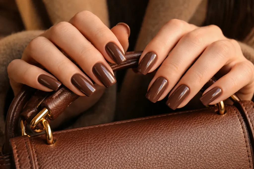 Creamy chocolate brown square nails holding a leather bag.