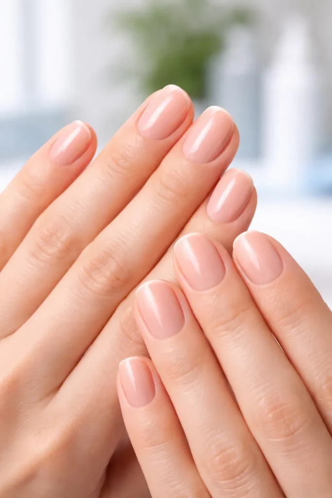 Short natural fingernails buffed to a high shine without polish