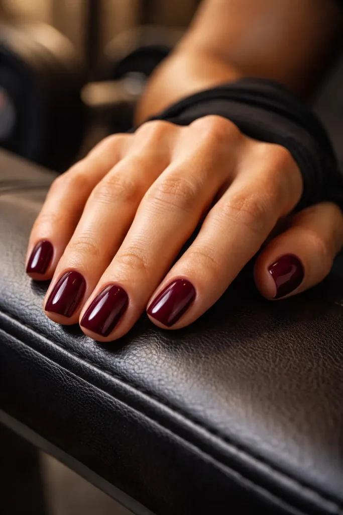 Burgundy gel manicure on a tanned hand in a gym