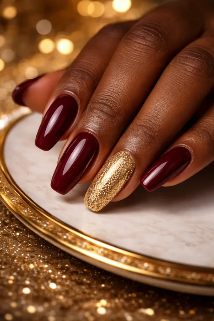 Solid burgundy nails paired with a full gold glitter accent nail on rich chocolate skin.