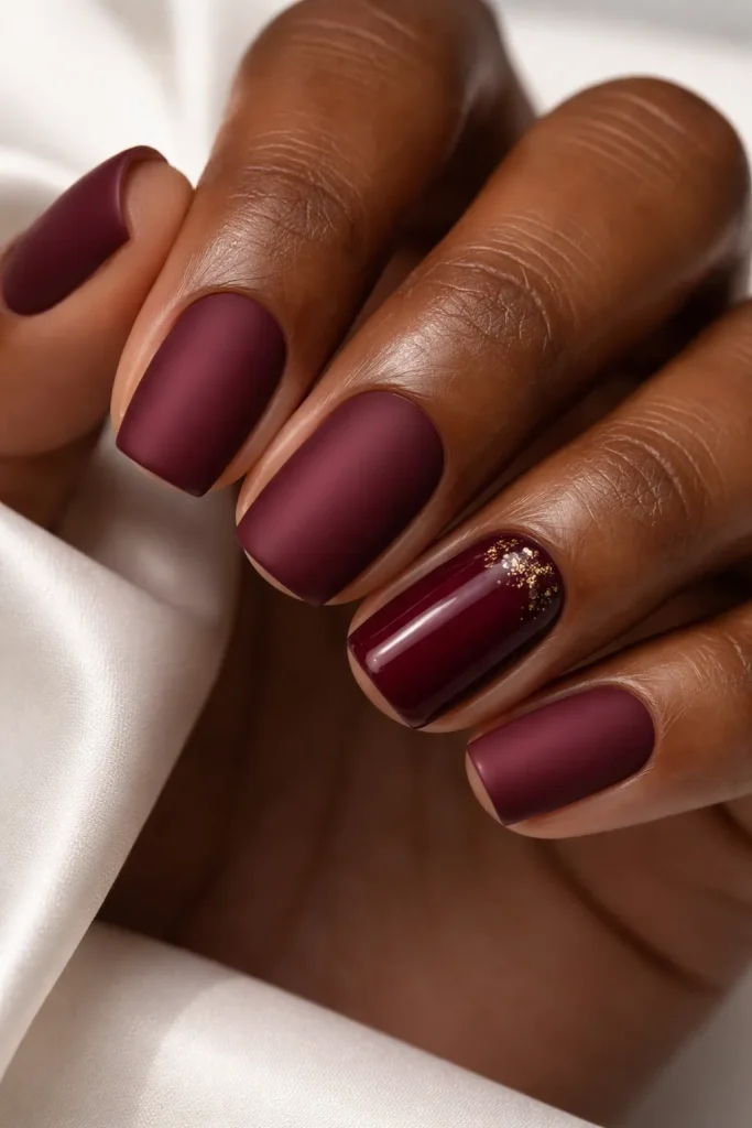 Matte burgundy short nails on a Black woman's hand