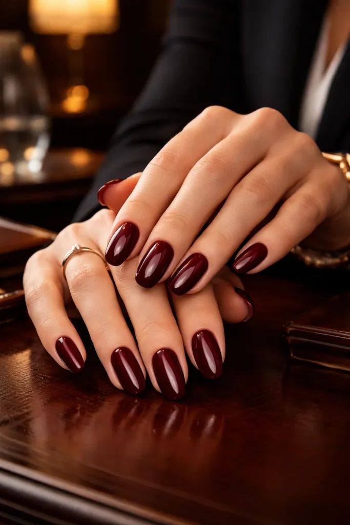 Deep burgundy high-gloss manicure on elegant hands in a boardroom setting