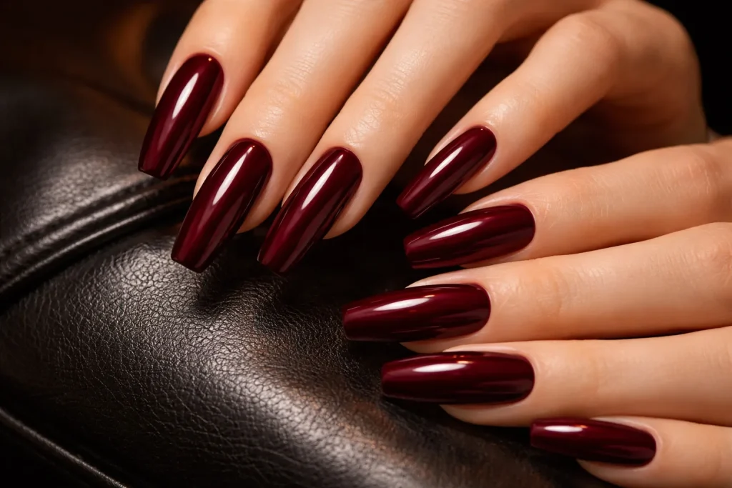 Lustrous burgundy wine coffin nails against a dark leather backdrop.