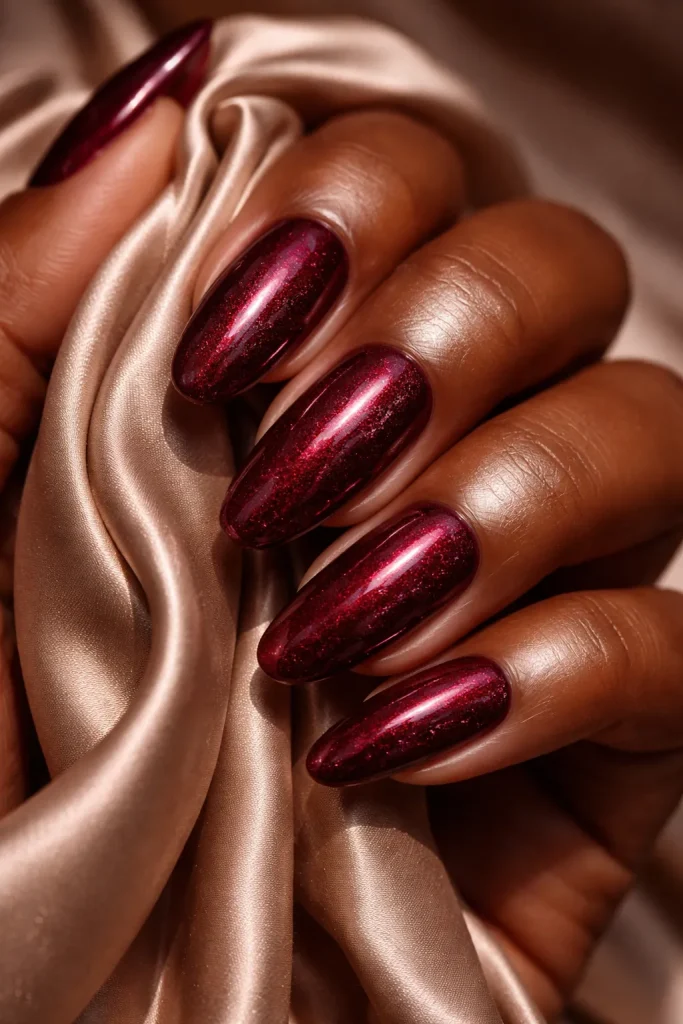 Micro-shimmer burgundy nails that sparkle subtly on a hand with mahogany skin.