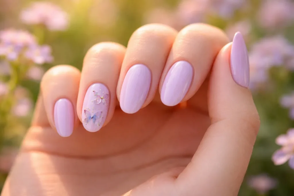 Soft purple nails with a delicate shimmering butterfly decal on the accent nail.