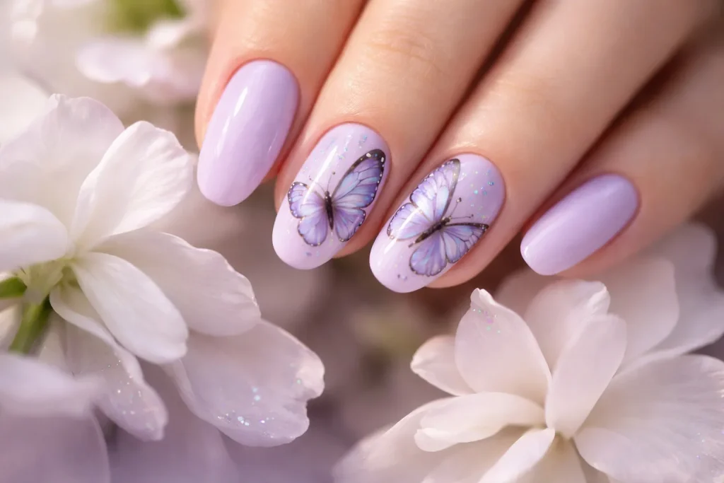 Pastel lilac nails with hand-painted butterfly wing art designs