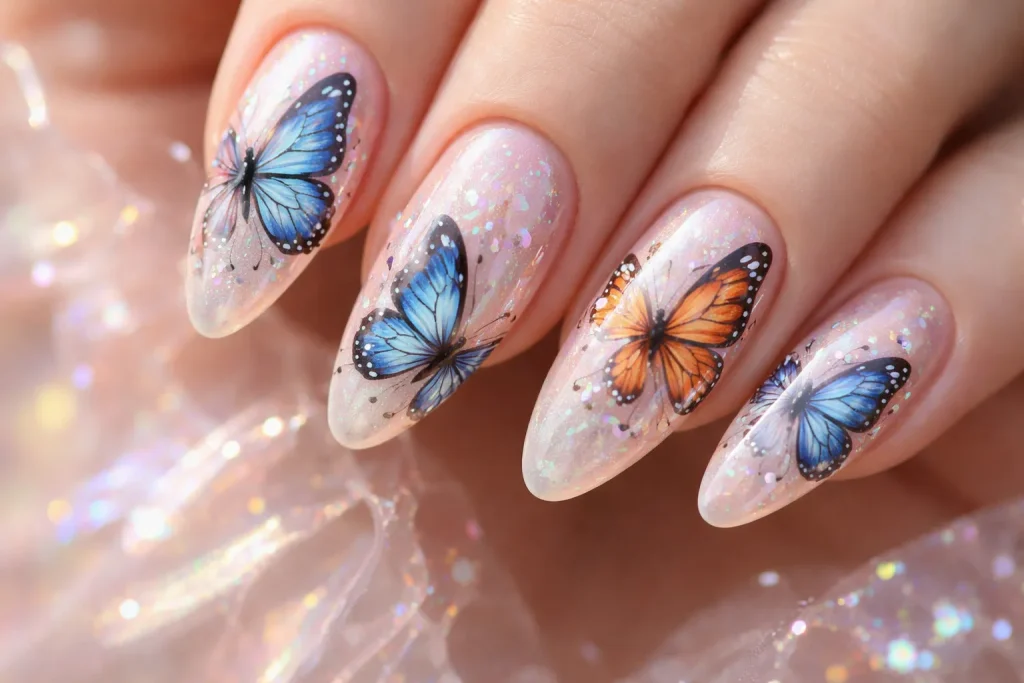 Detailed butterfly art painted over shimmering iridescent nail polish.