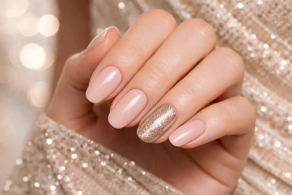 Nude nails with a single champagne glitter accent nail on a woman's hand.