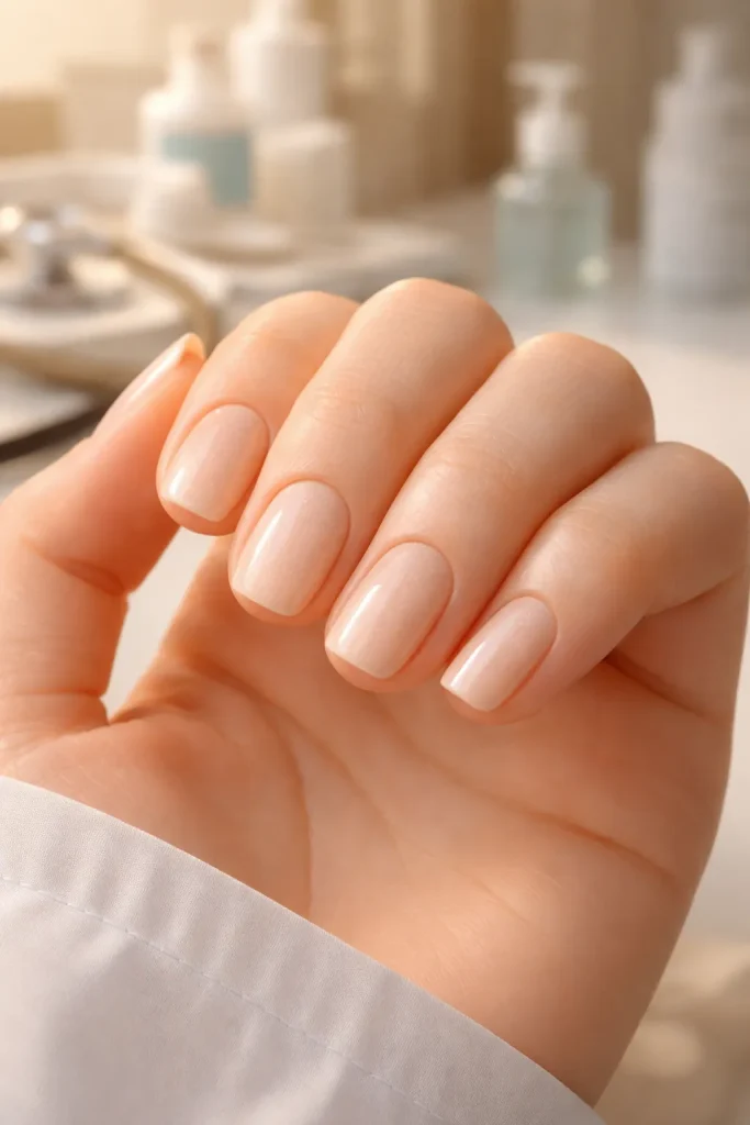 Warm pale champagne polish on short nails in professional lighting