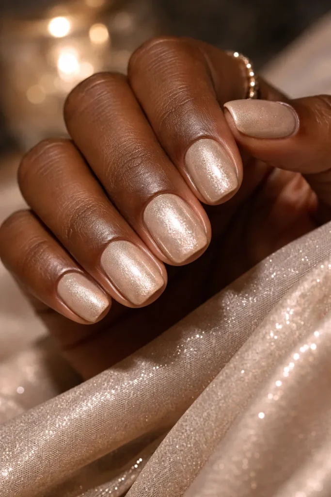 Champagne shimmer metallic nails on dark skin tone