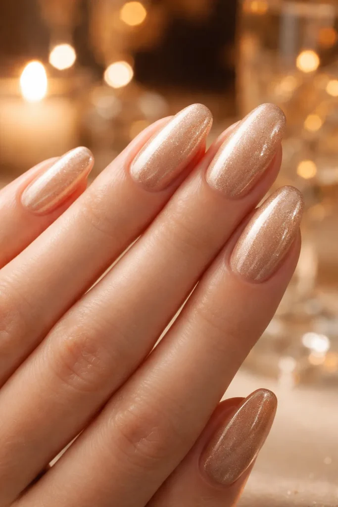Champagne shimmer nails with fine golden sparkle for a wedding celebration