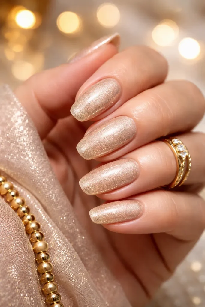 Champagne shimmer nail polish with fine sparkle on elegant hands