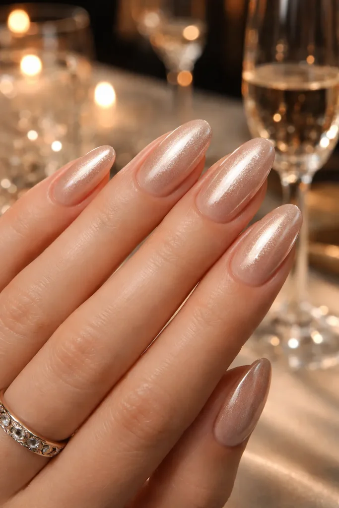 Champagne shimmer manicure with high-gloss shine on elegant hands at a business event