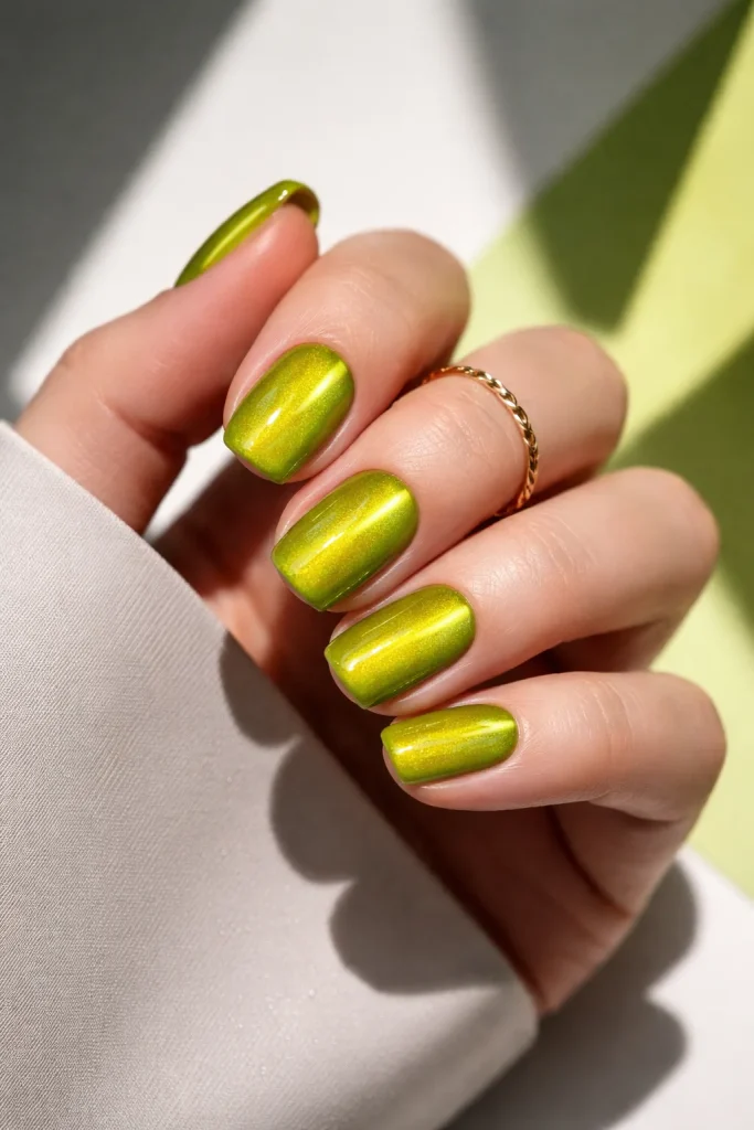 Unique chartreuse cat eye nails with a glowing yellow-green magnetic effect.