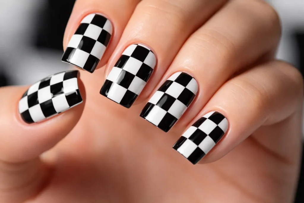 Square nails featuring a black and white checkerboard grid pattern manicure.
