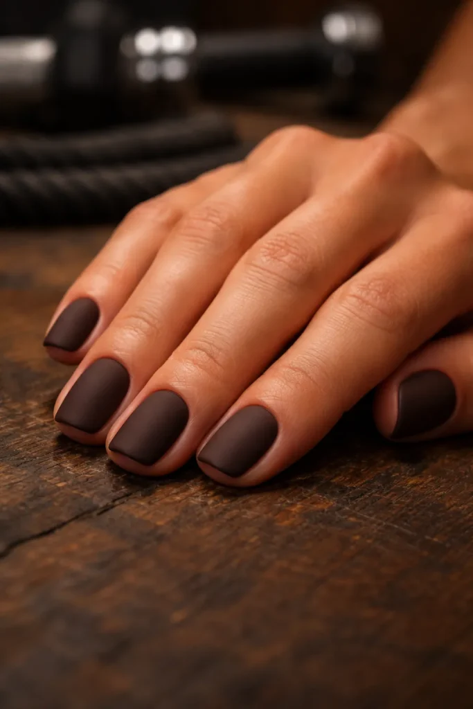 Matte chocolate brown nails on a wooden gym floor