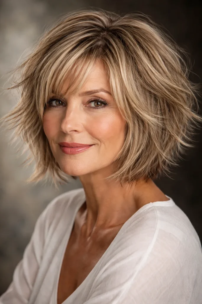 Mature woman with a choppy layered bob featuring uneven textured ends