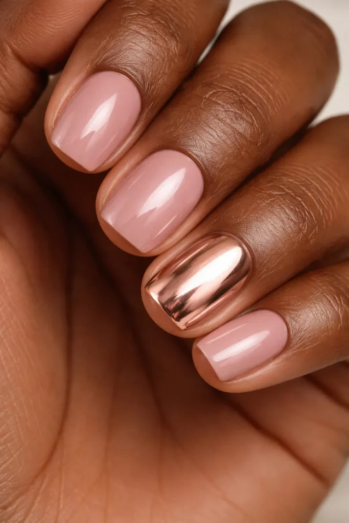 Rose gold chrome accent nail on short mauve manicure