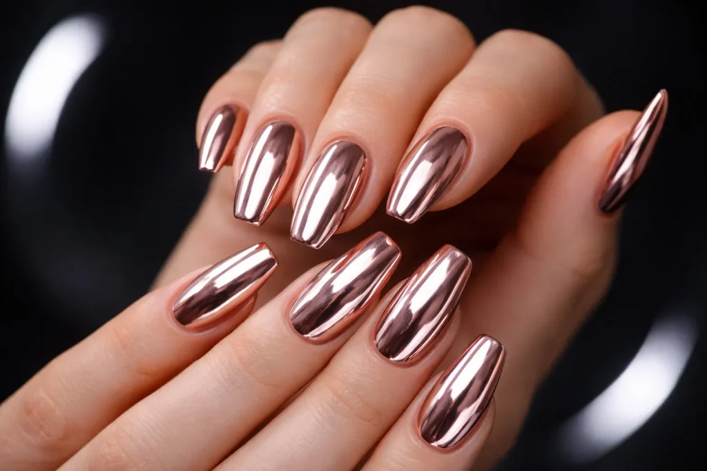 Rose gold chrome shine nails with a mirror-like reflective finish
