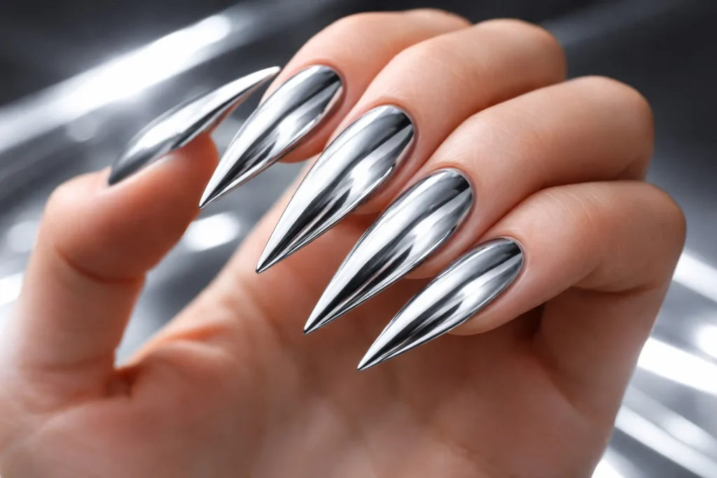 Reflective silver chrome stiletto nails with a mirror-like metallic finish