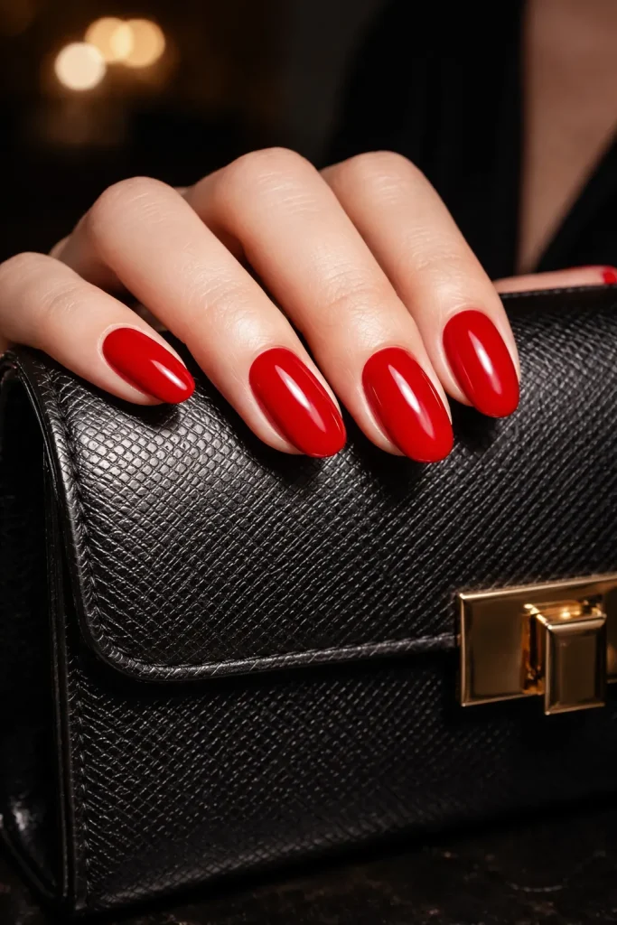 Timeless bright red glossy nails on a manicured hand holding a clutch