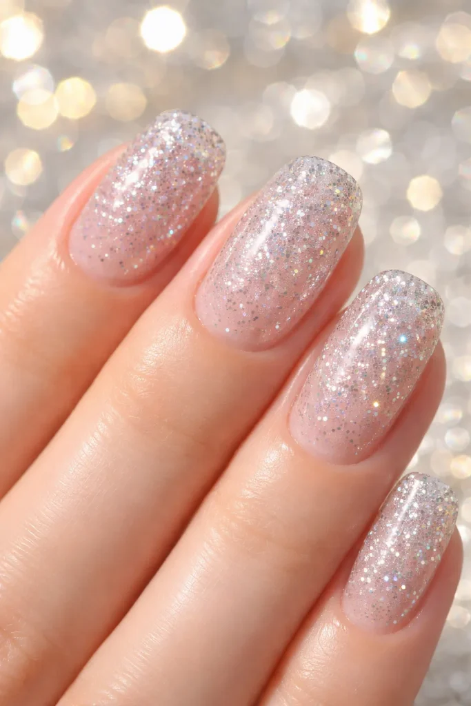 Natural nails with a shimmering iridescent silver glitter top coat