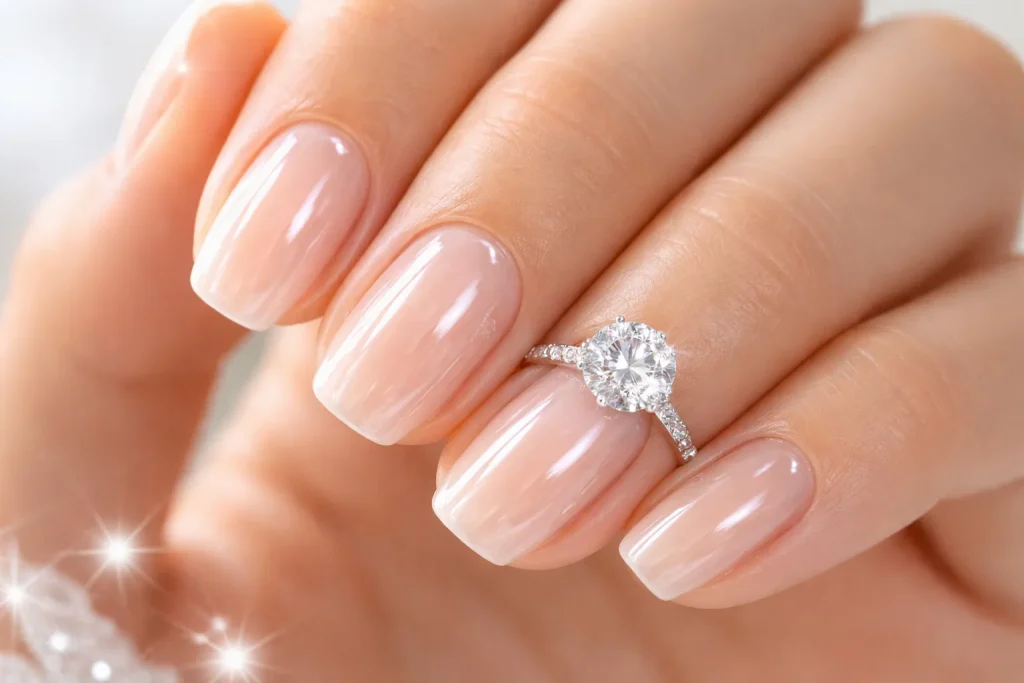 Clear glossy nails highlighting a diamond wedding ring