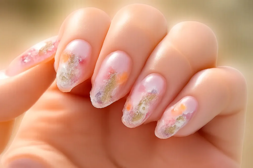 Transparent gel nails featuring real tiny dried flowers encapsulated in the polish.